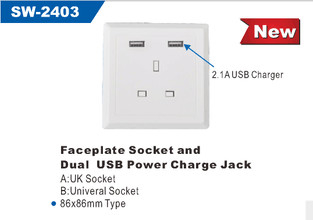 faceplate socket and dual usb power charge jack A:UK socket B:Univeral socket  86*86mm type